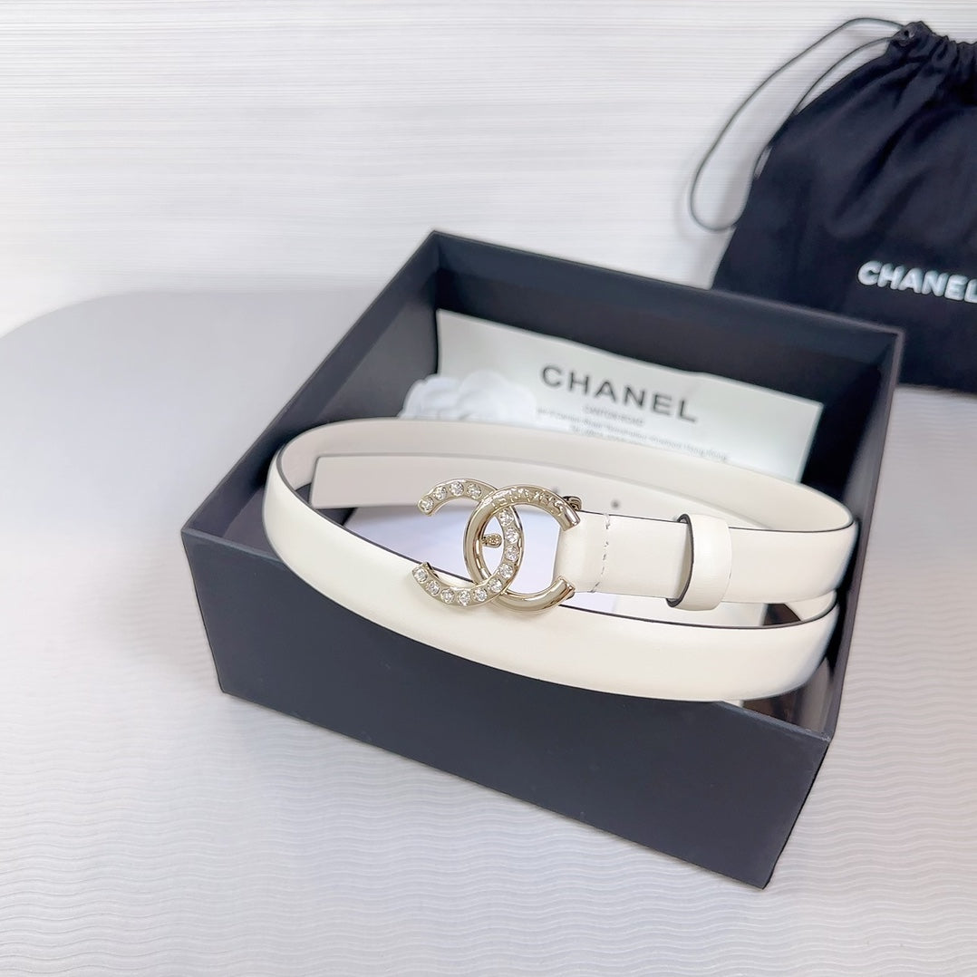 CC BELT 20 MM IN BEIGE CREAM SMOOTH CALFSKIN GOLD HARDWARE ATTACH RHINSTONE - 30