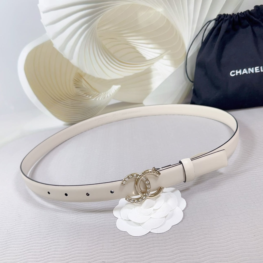 CC BELT 20 MM IN BEIGE CREAM SMOOTH CALFSKIN GOLD HARDWARE ATTACH RHINSTONE - 30
