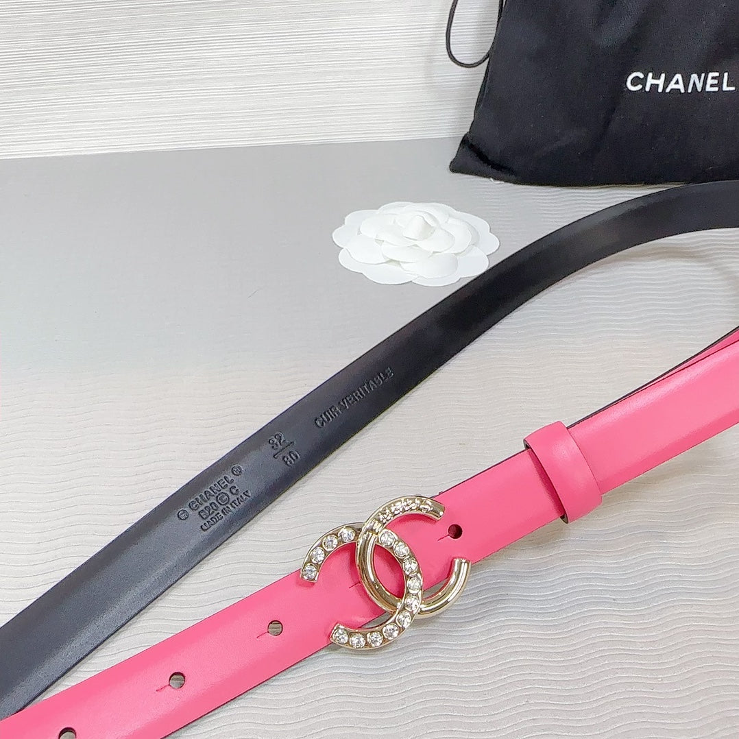 CC BELT 20 MM IN DEEP PINK SMOOTH CALFSKIN GOLD HARDWARE ATTACH RHINSTONE - 30