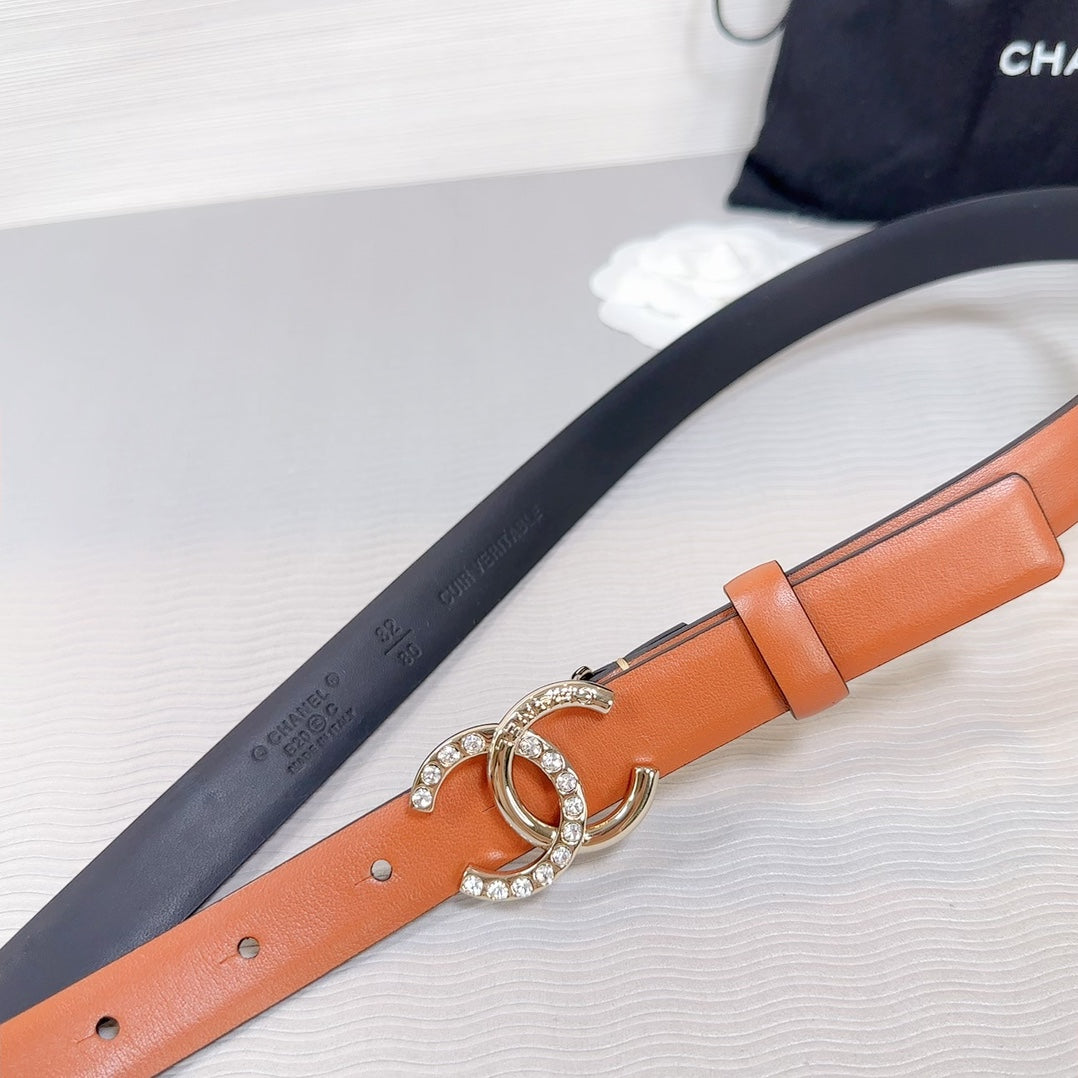 CC BELT 20 MM IN BRONZE BROWN SMOOTH CALFSKIN GOLD HARDWARE ATTACH RHINSTONE - 30