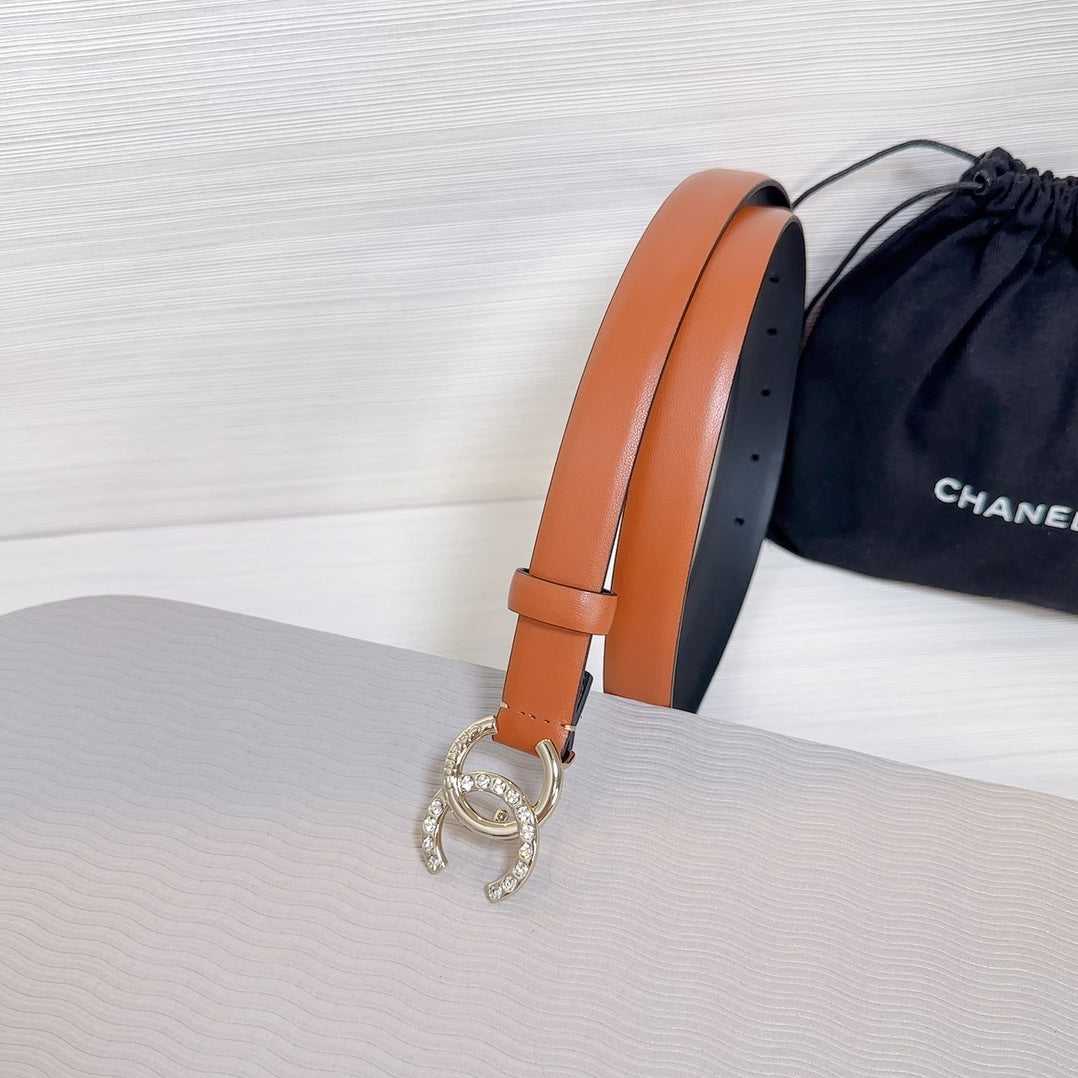 CC BELT 20 MM IN BRONZE BROWN SMOOTH CALFSKIN GOLD HARDWARE ATTACH RHINSTONE - 30