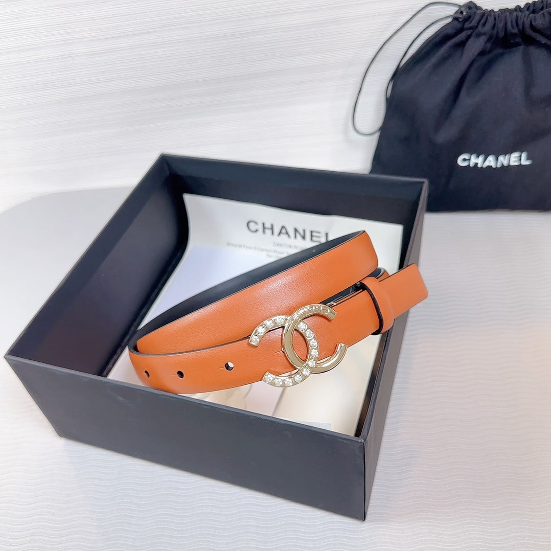 CC BELT 20 MM IN BRONZE BROWN SMOOTH CALFSKIN GOLD HARDWARE ATTACH RHINSTONE - 30