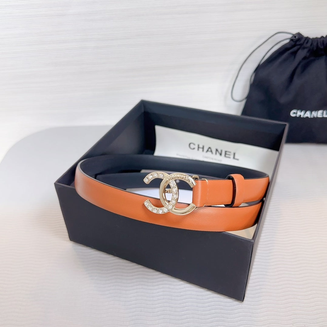 CC BELT 20 MM IN BRONZE BROWN SMOOTH CALFSKIN GOLD HARDWARE ATTACH RHINSTONE - 30