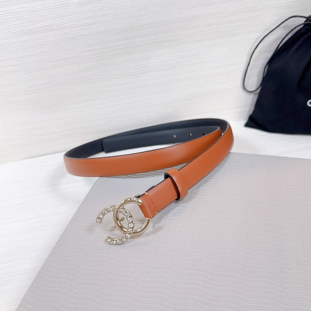 CC BELT 20 MM IN BRONZE BROWN SMOOTH CALFSKIN GOLD HARDWARE ATTACH RHINSTONE - 30