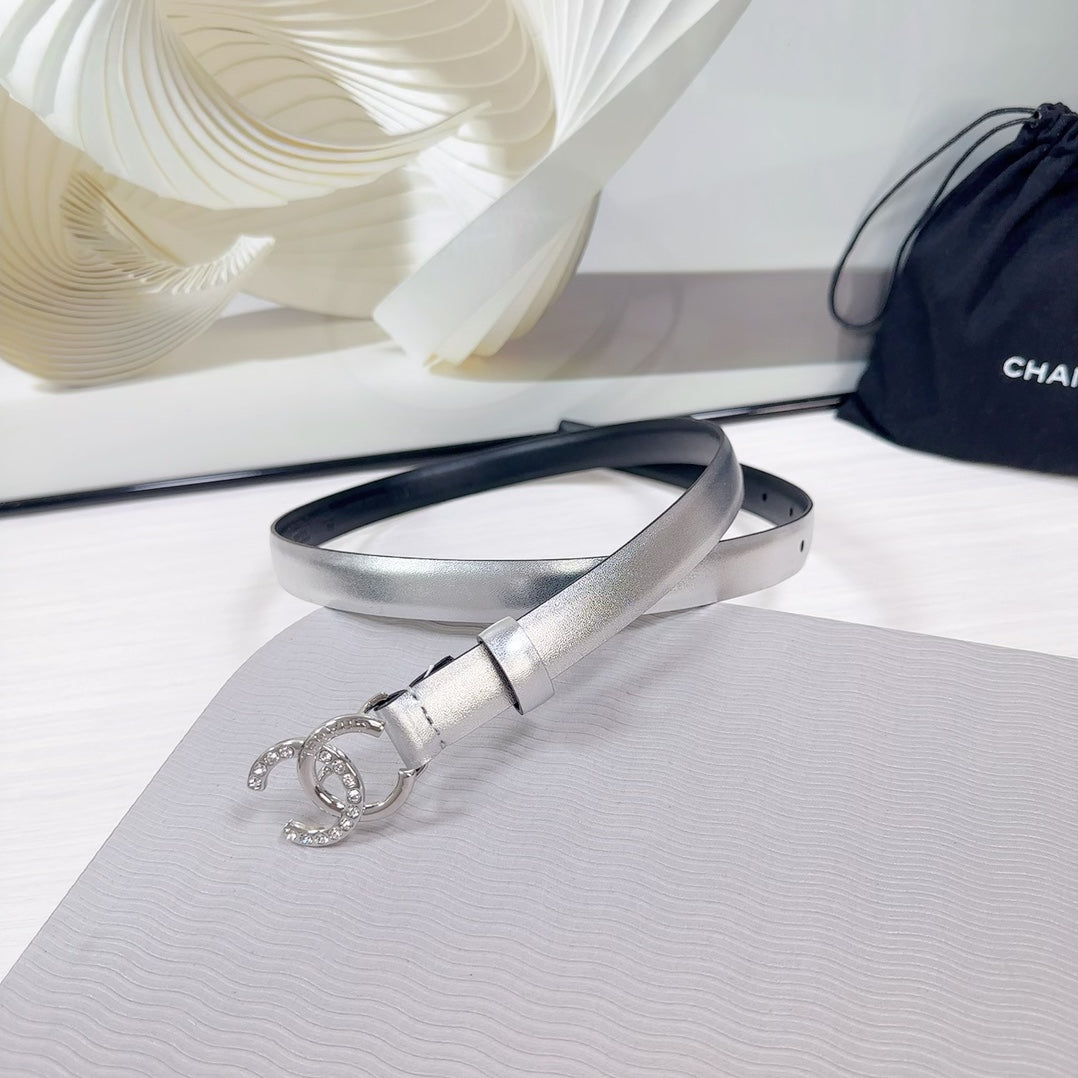 CC BELT 20 MM IN SILVER SMOOTH CALFSKIN SILVER HARDWARE ATTACH RHINSTONE - 30