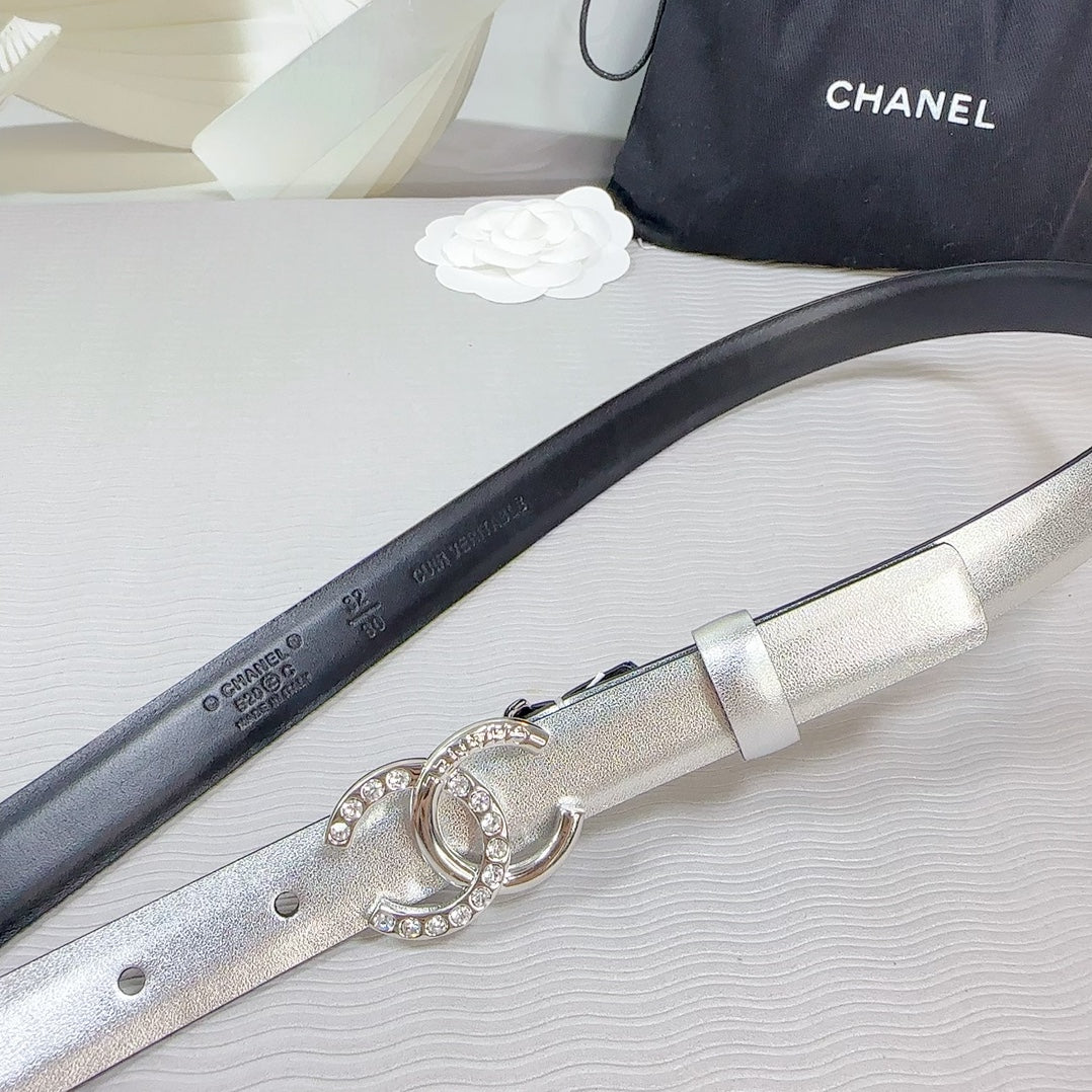 CC BELT 20 MM IN SILVER SMOOTH CALFSKIN SILVER HARDWARE ATTACH RHINSTONE - 30