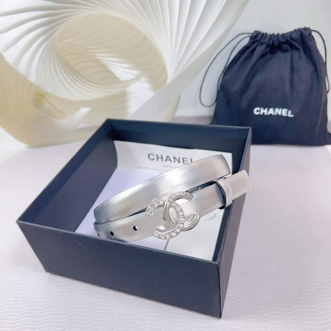 CC BELT 20 MM IN SILVER SMOOTH CALFSKIN SILVER HARDWARE ATTACH RHINSTONE - 30