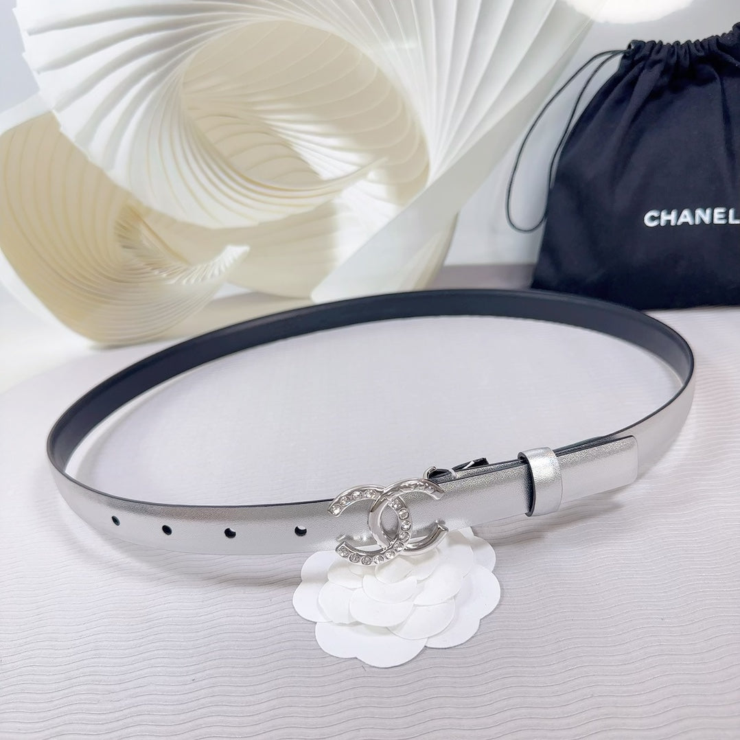 CC BELT 20 MM IN SILVER SMOOTH CALFSKIN SILVER HARDWARE ATTACH RHINSTONE - 30
