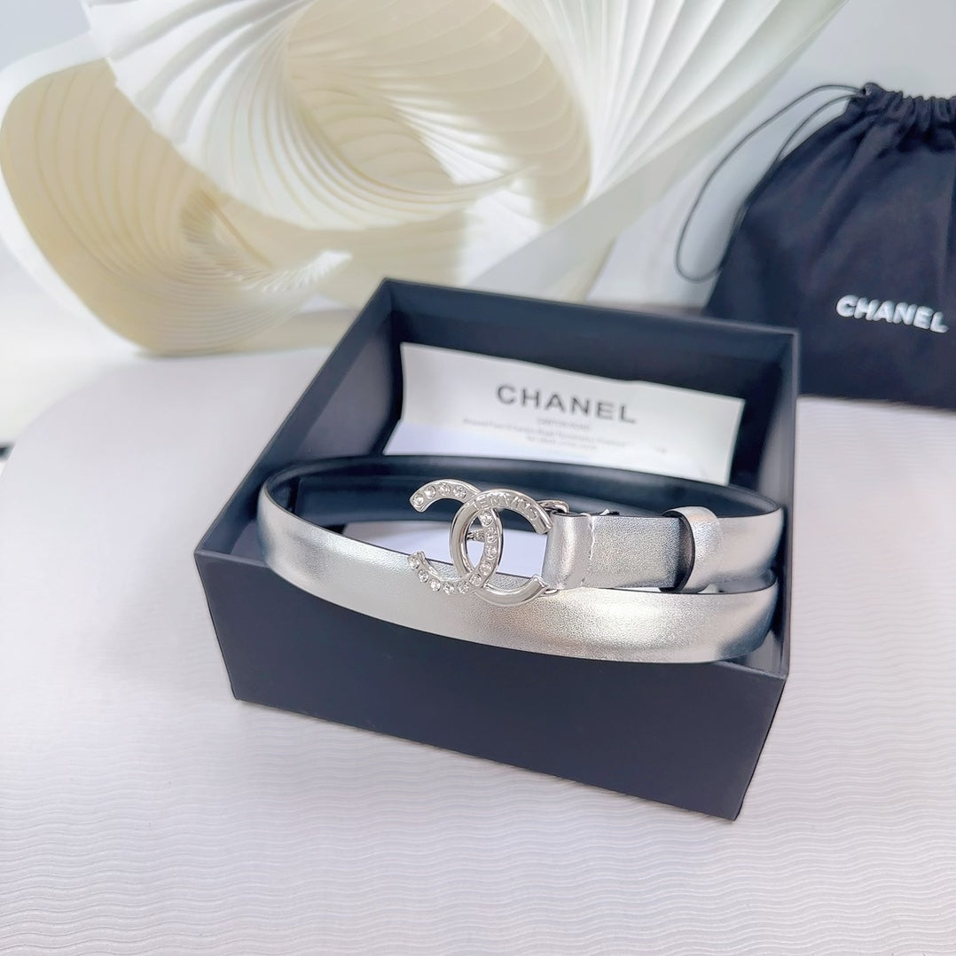 CC BELT 20 MM IN SILVER SMOOTH CALFSKIN SILVER HARDWARE ATTACH RHINSTONE - 30