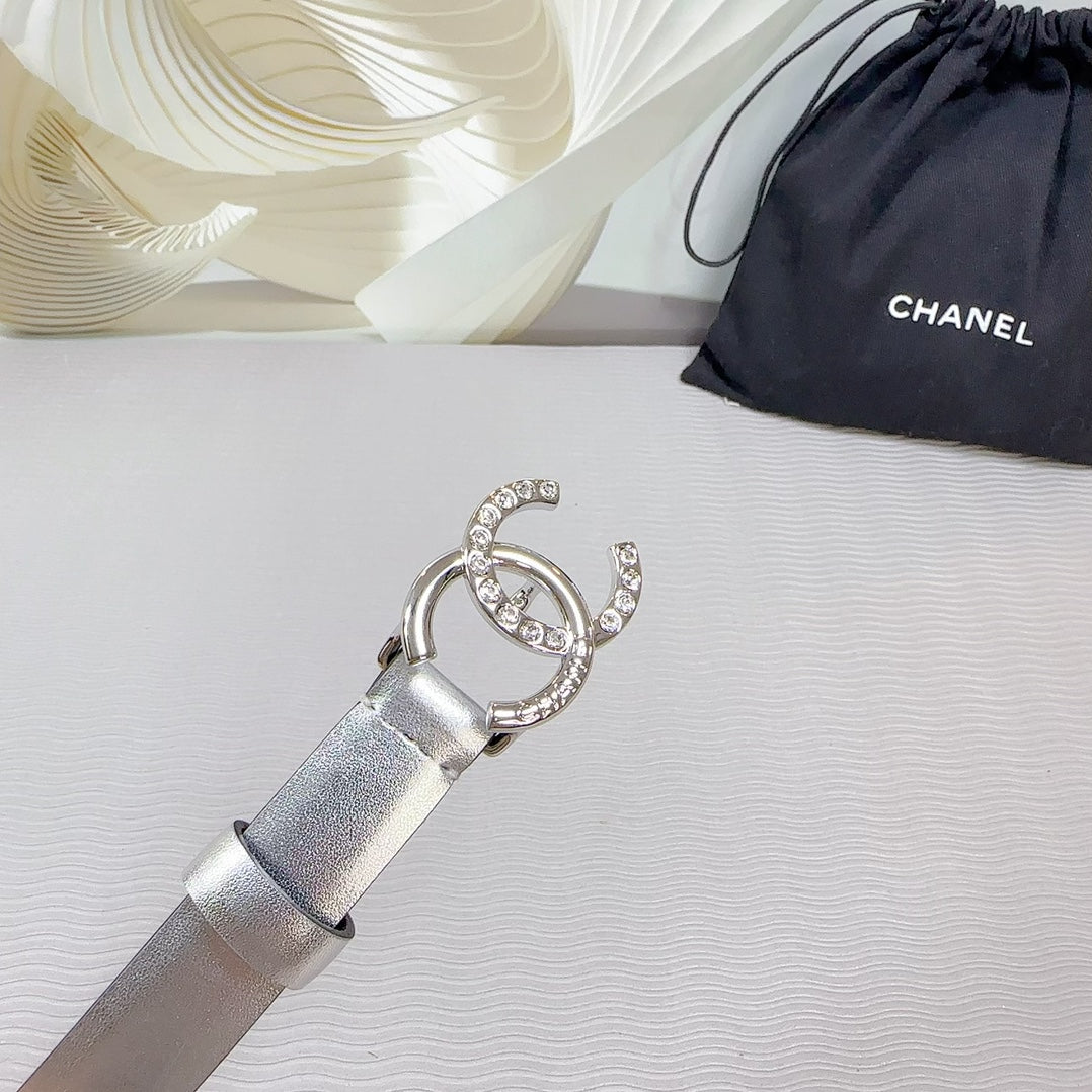 CC BELT 20 MM IN SILVER SMOOTH CALFSKIN SILVER HARDWARE ATTACH RHINSTONE - 30