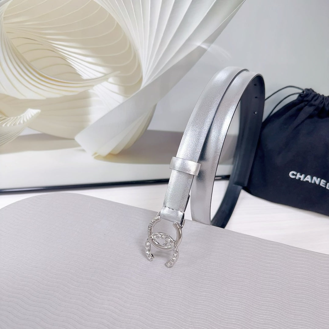CC BELT 20 MM IN SILVER SMOOTH CALFSKIN SILVER HARDWARE ATTACH RHINSTONE - 30