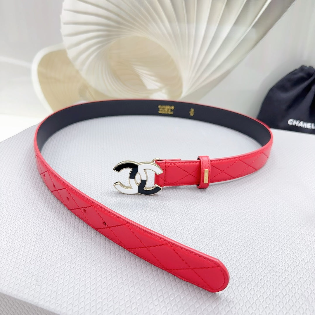 CC BELT 30 MM CHERRY RED CALFSKIN WITH BLACK MIX WHITE LOGO - 30
