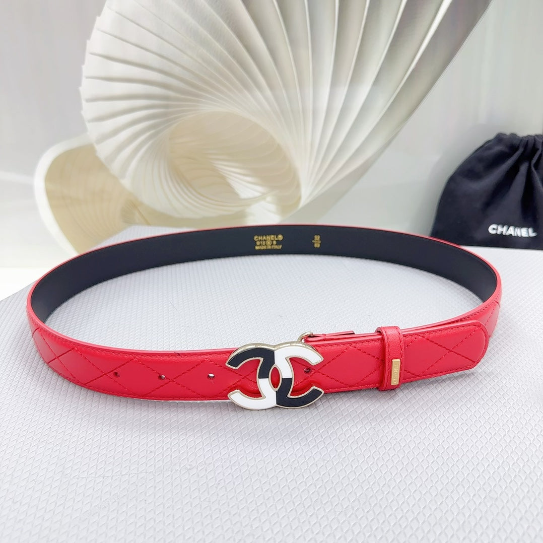 CC BELT 30 MM CHERRY RED CALFSKIN WITH BLACK MIX WHITE LOGO - 30