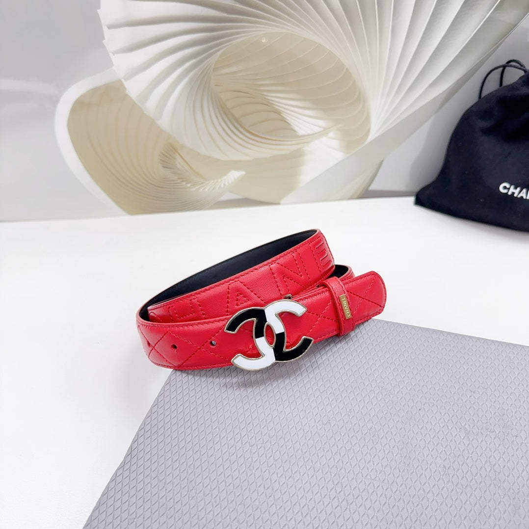 CC BELT 30 MM CHERRY RED CALFSKIN WITH BLACK MIX WHITE LOGO - 30