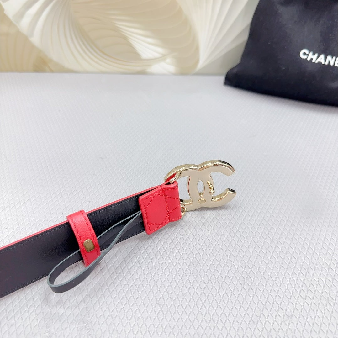 CC BELT 30 MM CHERRY RED CALFSKIN WITH BLACK MIX WHITE LOGO - 30