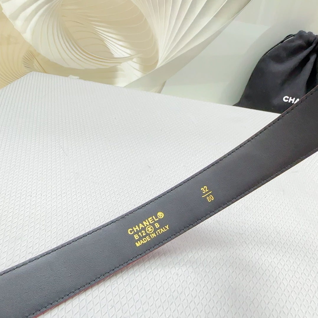 CC BELT 30 MM CHERRY RED CALFSKIN WITH BLACK MIX WHITE LOGO - 30