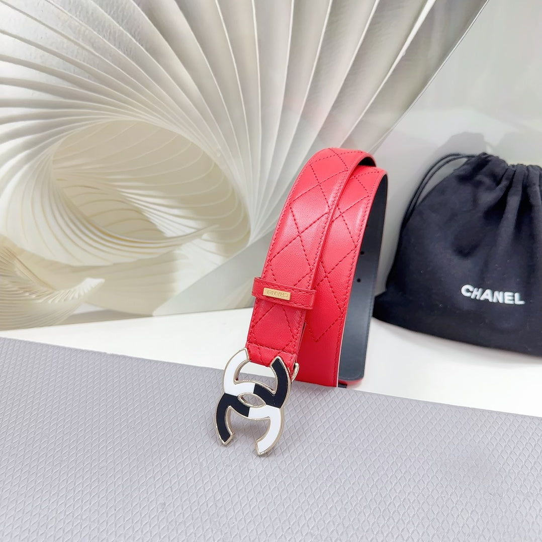 CC BELT 30 MM CHERRY RED CALFSKIN WITH BLACK MIX WHITE LOGO - 30