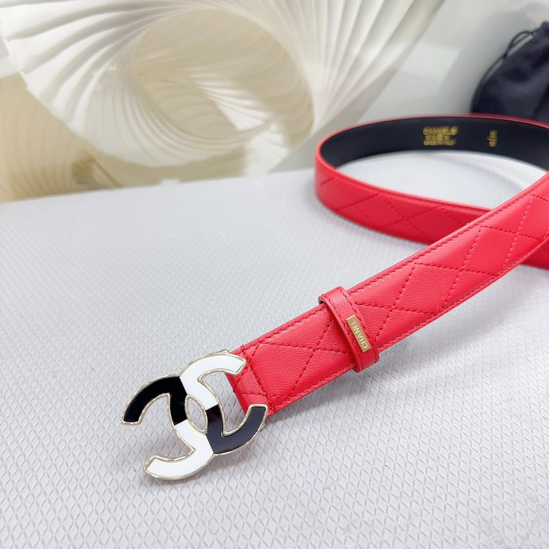 CC BELT 30 MM CHERRY RED CALFSKIN WITH BLACK MIX WHITE LOGO - 30