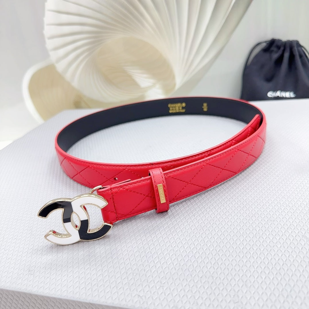 CC BELT 30 MM CHERRY RED CALFSKIN WITH BLACK MIX WHITE LOGO - 30