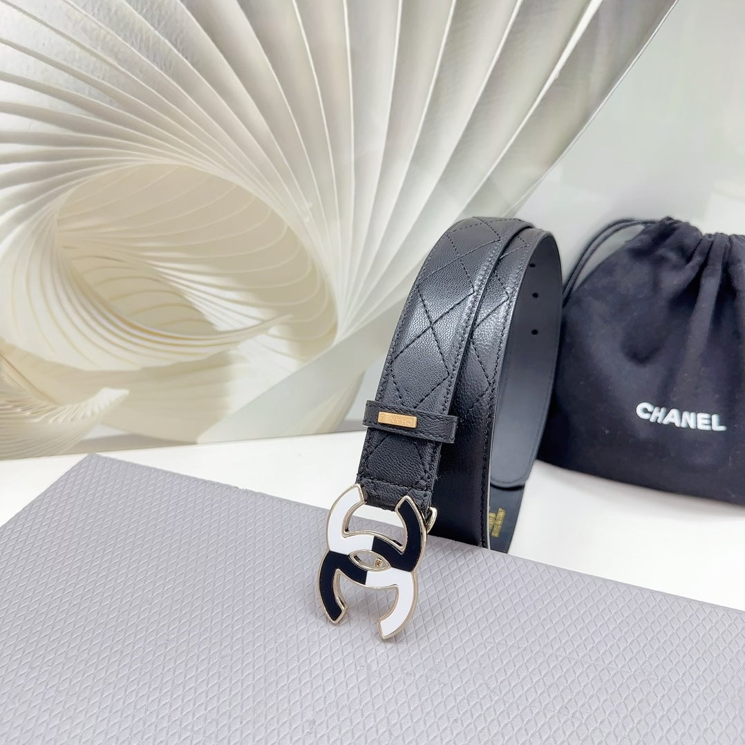 CC BELT 30 MM BLACK CALFSKIN WITH BLACK MIX WHITE LOGO - 30