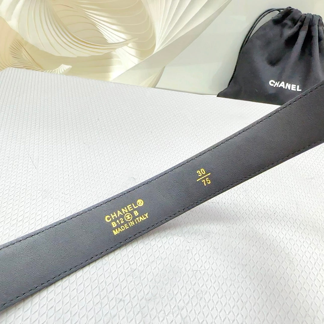 CC BELT 30 MM BLACK CALFSKIN WITH BLACK MIX WHITE LOGO - 30