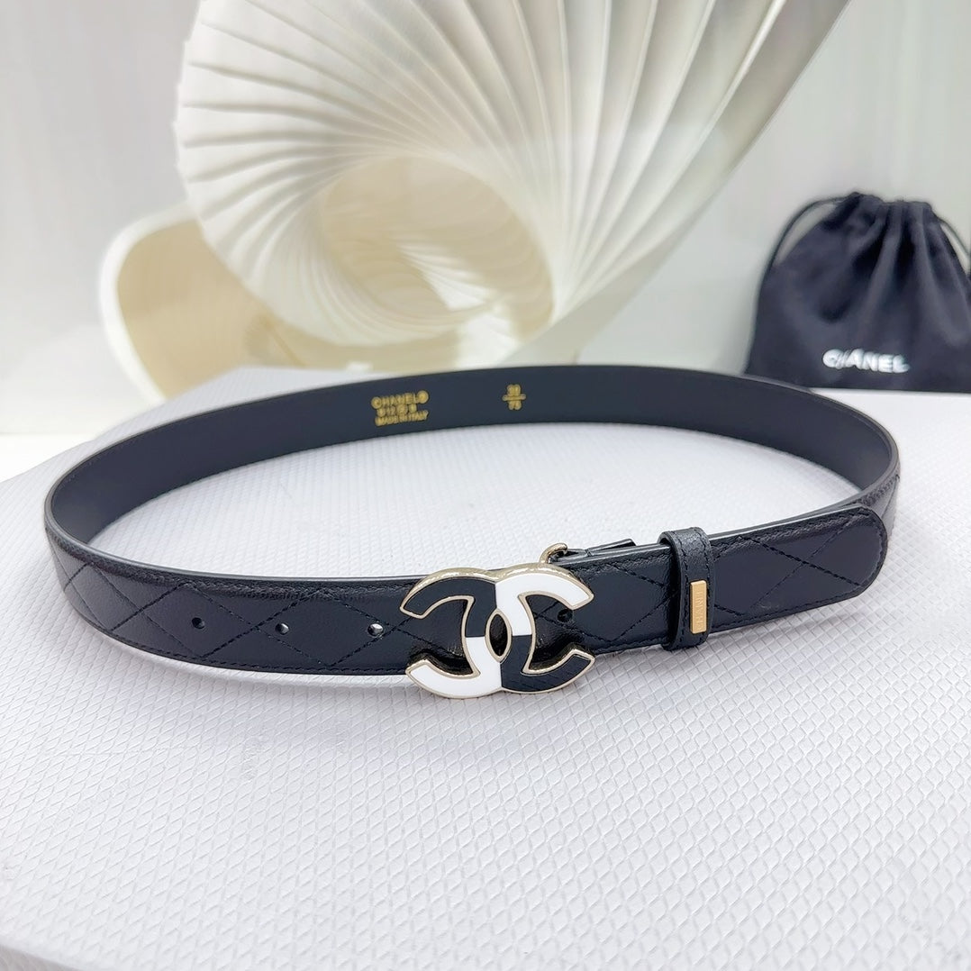CC BELT 30 MM BLACK CALFSKIN WITH BLACK MIX WHITE LOGO - 30
