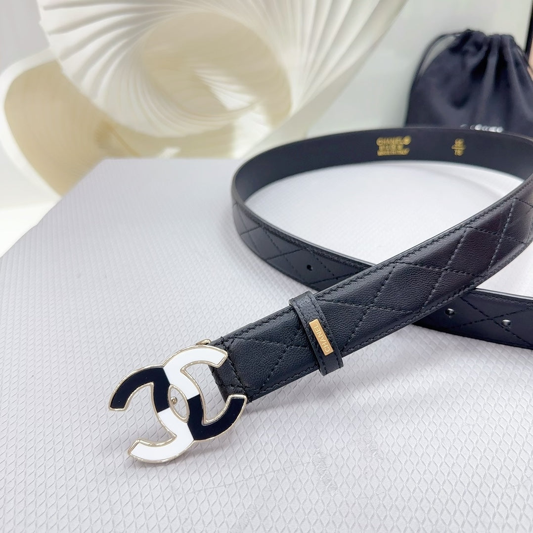 CC BELT 30 MM BLACK CALFSKIN WITH BLACK MIX WHITE LOGO - 30