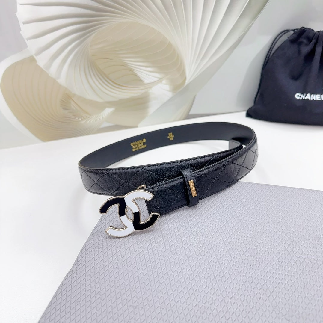 CC BELT 30 MM BLACK CALFSKIN WITH BLACK MIX WHITE LOGO - 30