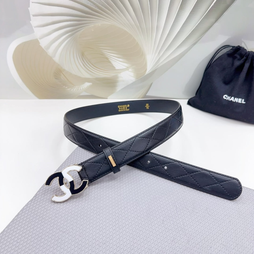 CC BELT 30 MM BLACK CALFSKIN WITH BLACK MIX WHITE LOGO - 30