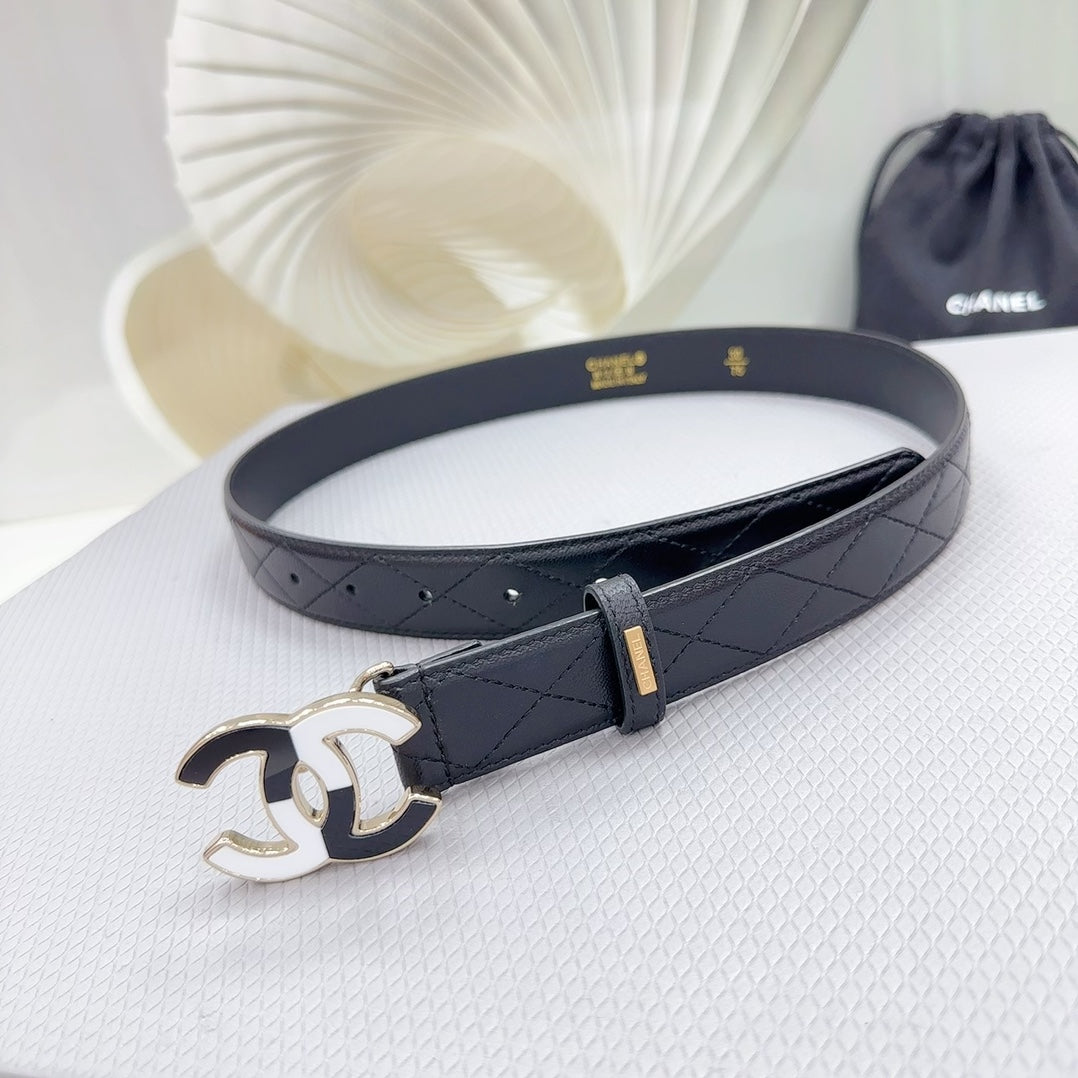 CC BELT 30 MM BLACK CALFSKIN WITH BLACK MIX WHITE LOGO - 30