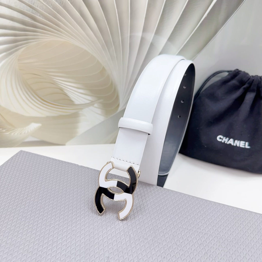CC BELT 30 MM BLACK MIX WHITE CALFSKIN WITH METAL LOGO - 30