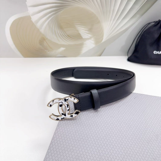 CC 30MM BELT IN BLACK SHINNY CALFSKIN WHITE LOGO - 30