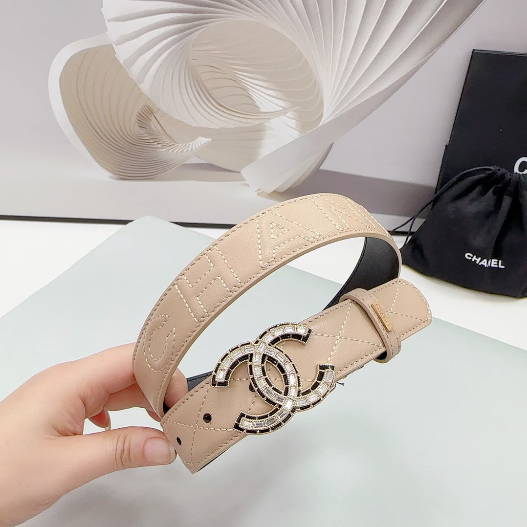 CC 30MM BELT IN BEIGE CREAM EMBROIDERED CALFSKIN METAL HARDWARE - 30