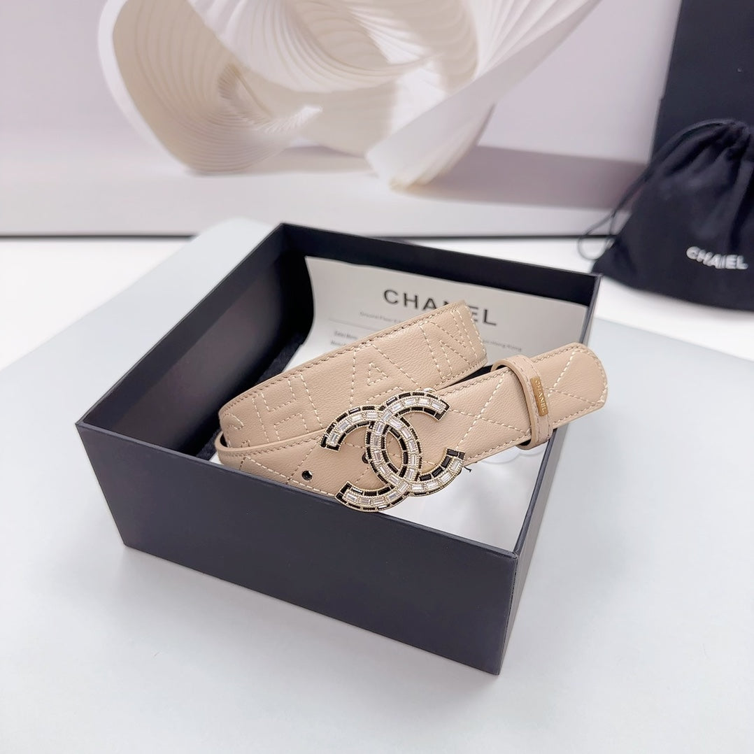 CC 30MM BELT IN BEIGE CREAM EMBROIDERED CALFSKIN METAL HARDWARE - 30