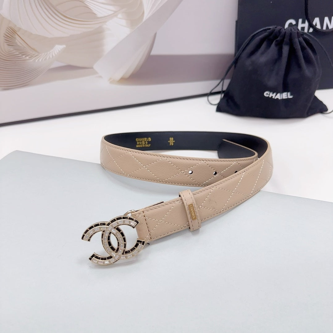 CC 30MM BELT IN BEIGE CREAM EMBROIDERED CALFSKIN METAL HARDWARE - 30
