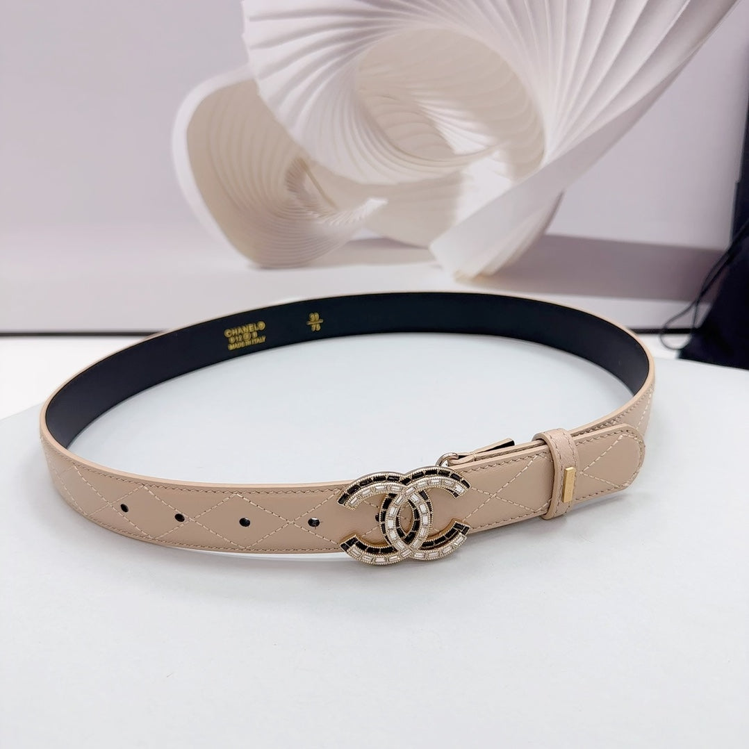 CC 30MM BELT IN BEIGE CREAM EMBROIDERED CALFSKIN METAL HARDWARE - 30