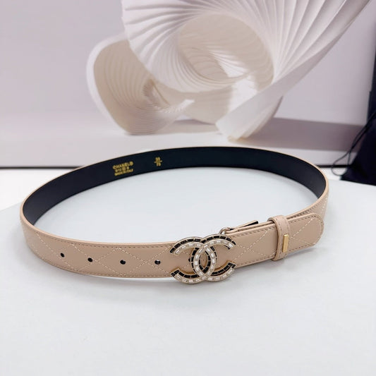 CC 30MM BELT IN BEIGE CREAM EMBROIDERED CALFSKIN METAL HARDWARE - 30