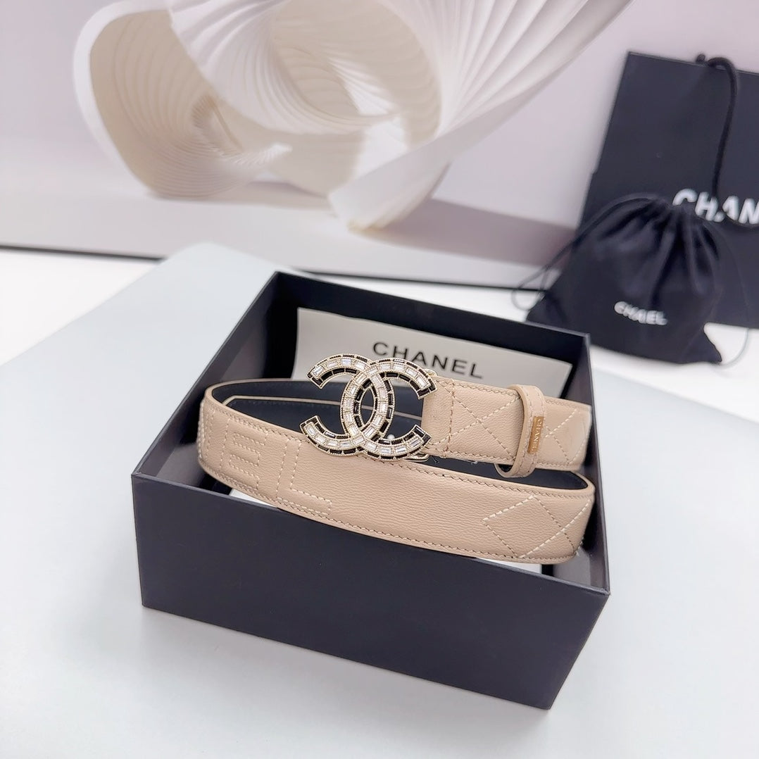 CC 30MM BELT IN BEIGE CREAM EMBROIDERED CALFSKIN METAL HARDWARE - 30