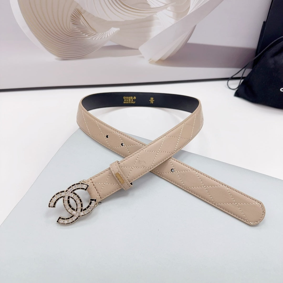 CC 30MM BELT IN BEIGE CREAM EMBROIDERED CALFSKIN METAL HARDWARE - 30
