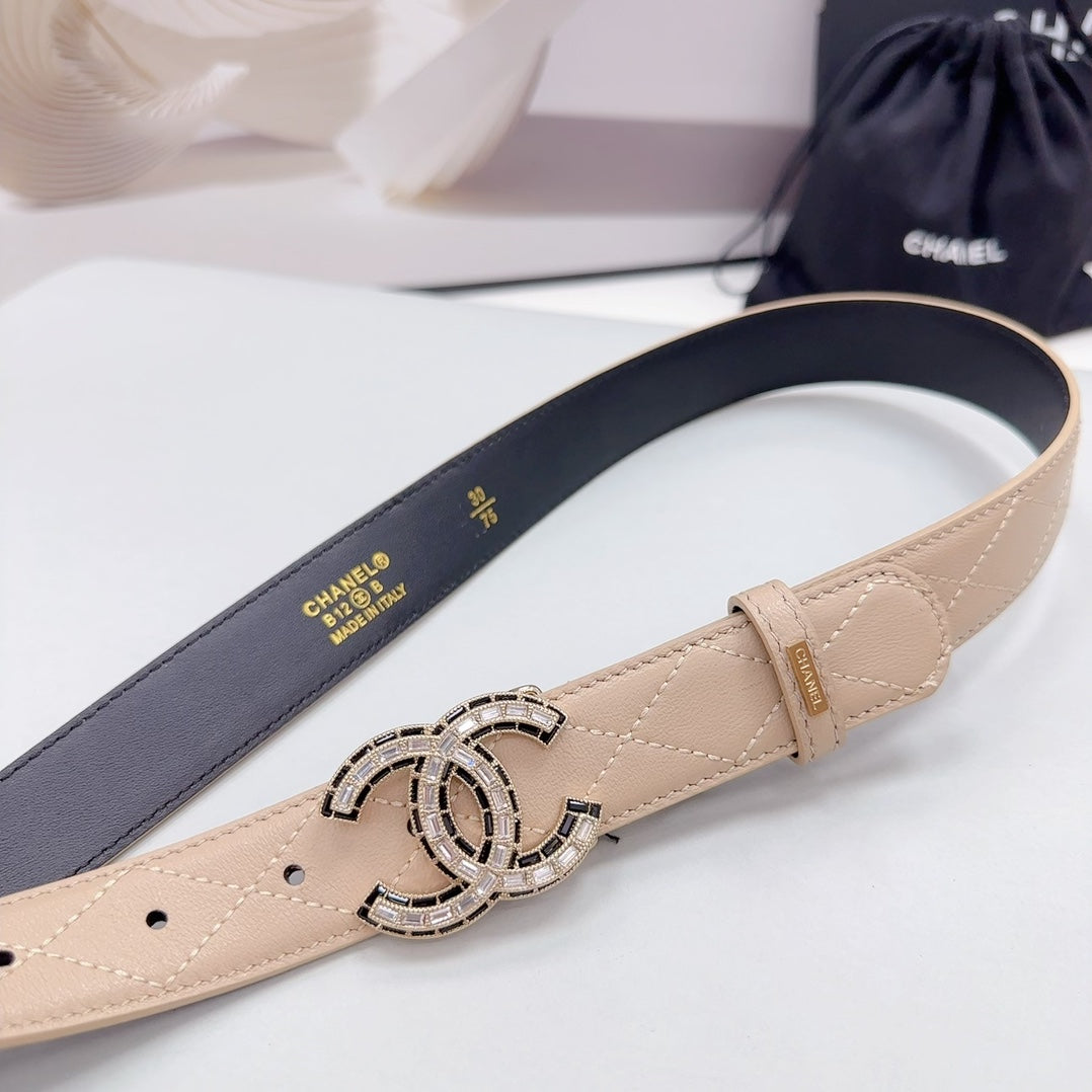 CC 30MM BELT IN BEIGE CREAM EMBROIDERED CALFSKIN METAL HARDWARE - 30