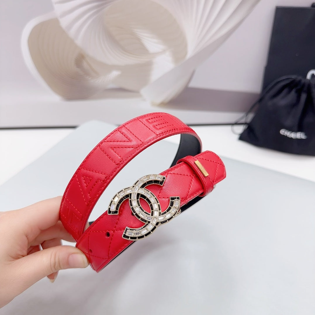 CC 30MM BELT IN CHERRY RED EMBROIDERED CALFSKIN METAL HARDWARE - 30