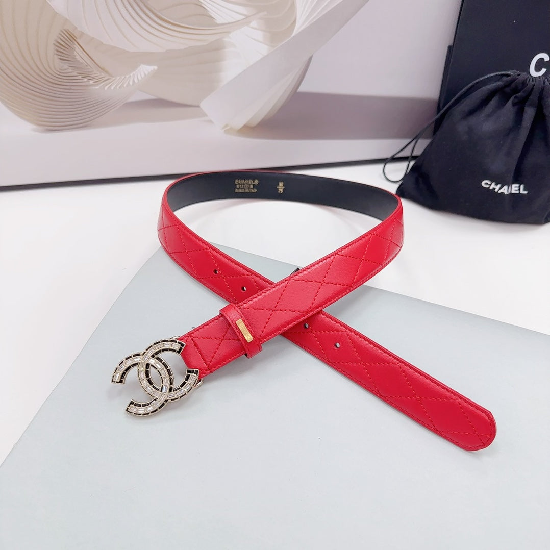 CC 30MM BELT IN CHERRY RED EMBROIDERED CALFSKIN METAL HARDWARE - 30