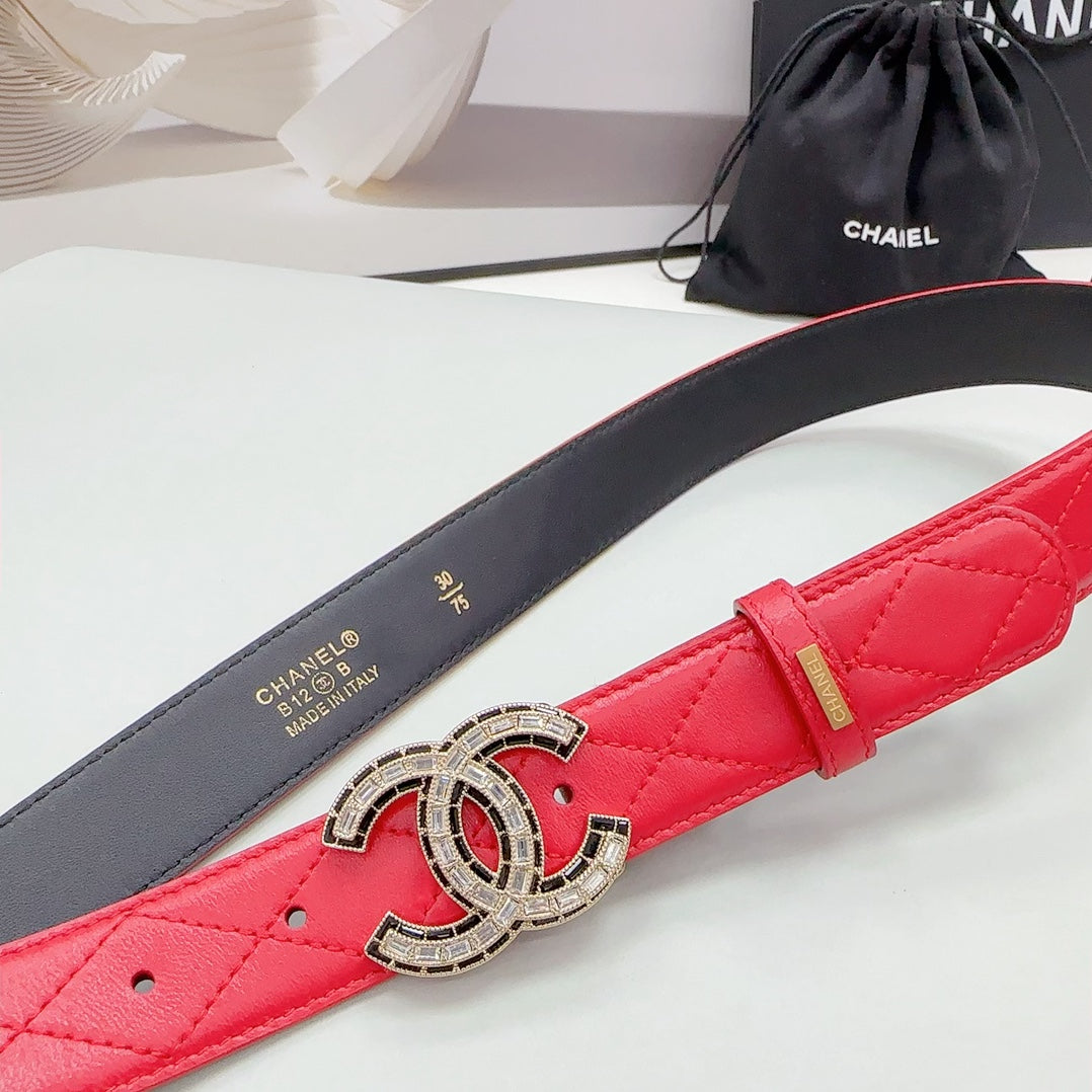 CC 30MM BELT IN CHERRY RED EMBROIDERED CALFSKIN METAL HARDWARE - 30
