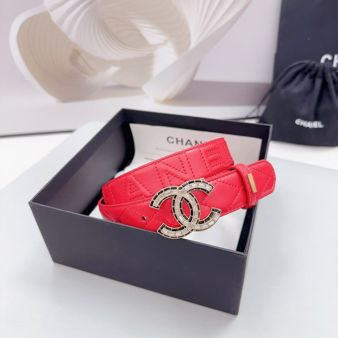 CC 30MM BELT IN CHERRY RED EMBROIDERED CALFSKIN METAL HARDWARE - 30
