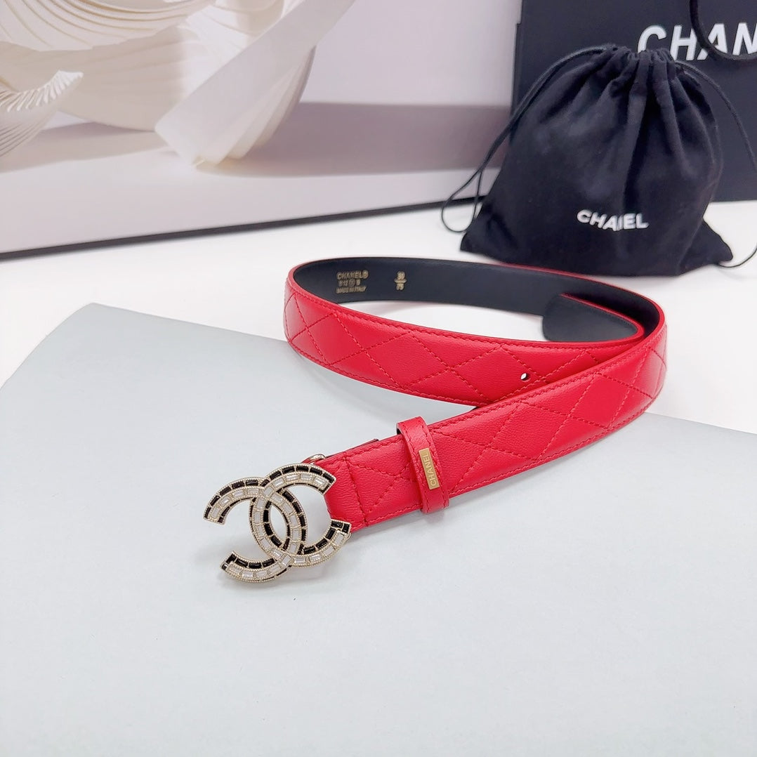 CC 30MM BELT IN CHERRY RED EMBROIDERED CALFSKIN METAL HARDWARE - 30