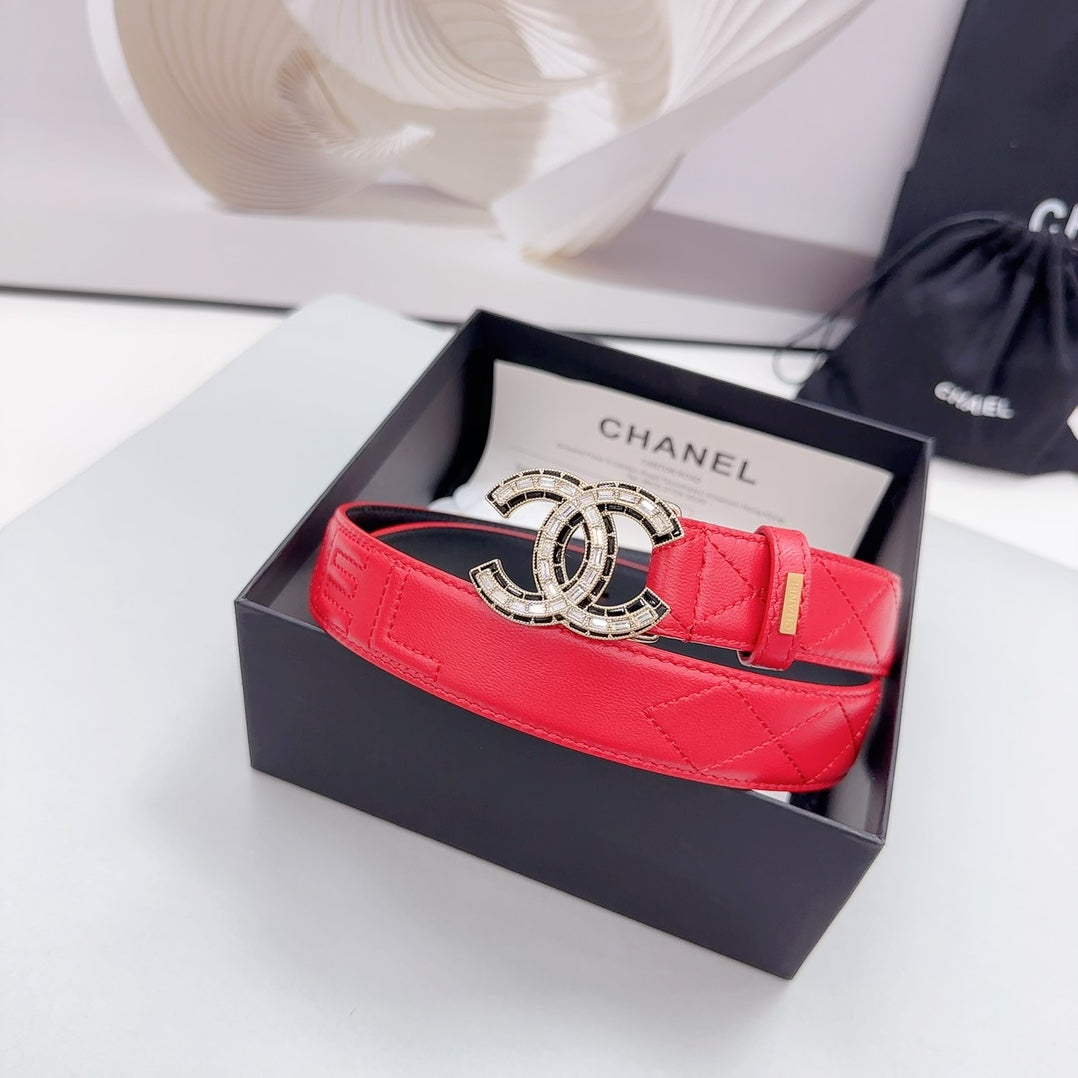 CC 30MM BELT IN CHERRY RED EMBROIDERED CALFSKIN METAL HARDWARE - 30
