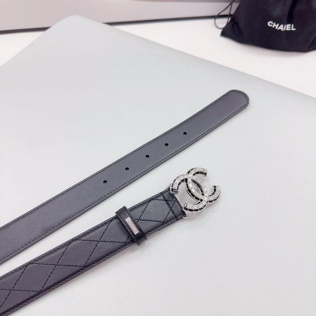 CC 30MM BELT IN BLACK EMBROIDERED CALFSKIN SILVER HARDWARE - 30