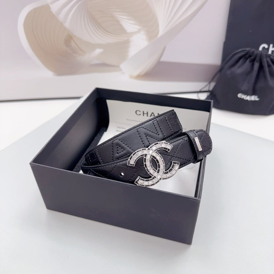 CC 30MM BELT IN BLACK EMBROIDERED CALFSKIN SILVER HARDWARE - 30