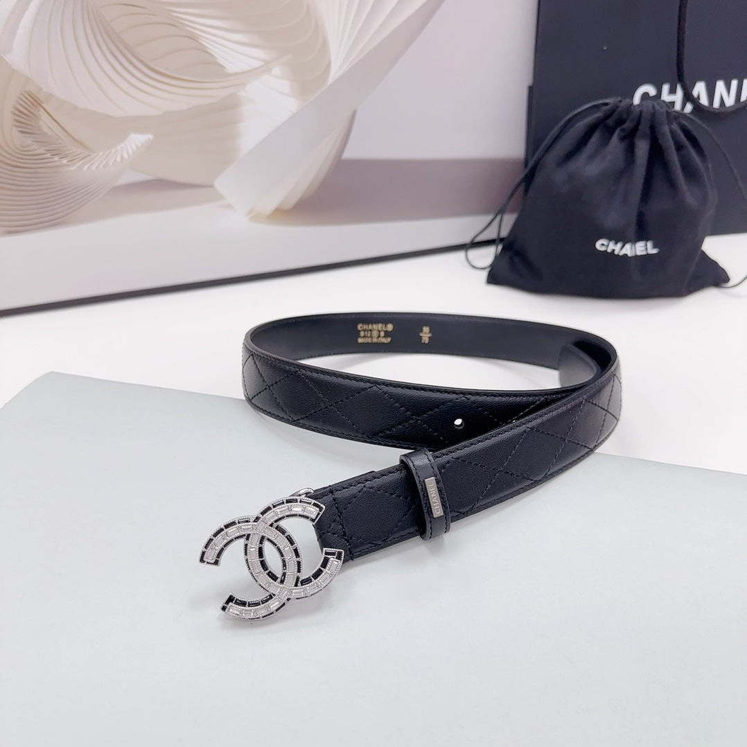 CC 30MM BELT IN BLACK EMBROIDERED CALFSKIN SILVER HARDWARE - 30