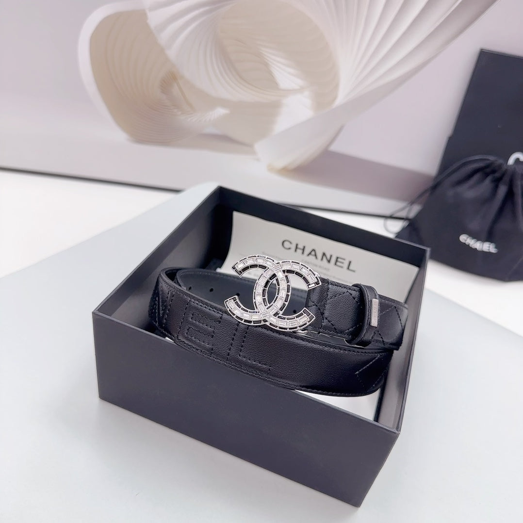 CC 30MM BELT IN BLACK EMBROIDERED CALFSKIN SILVER HARDWARE - 30